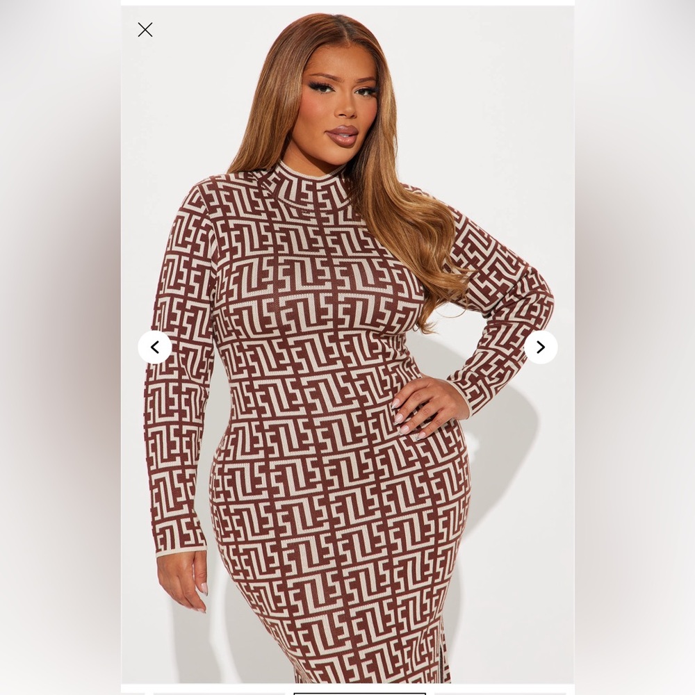 Brown and White Geometric Pattern Dress